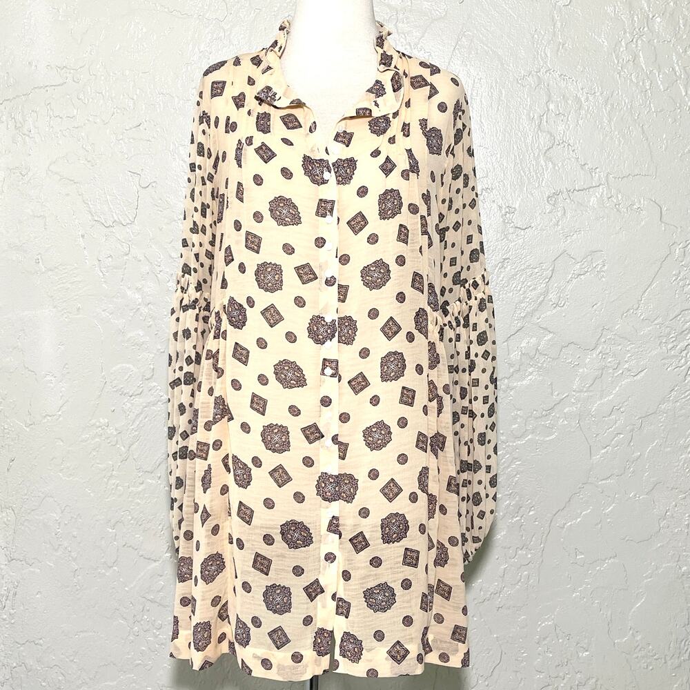 Free People Turn Turn Tea Combo Mini Dress Semi Sheer Balloon Sleeve SZ M - Picture 4 of 11